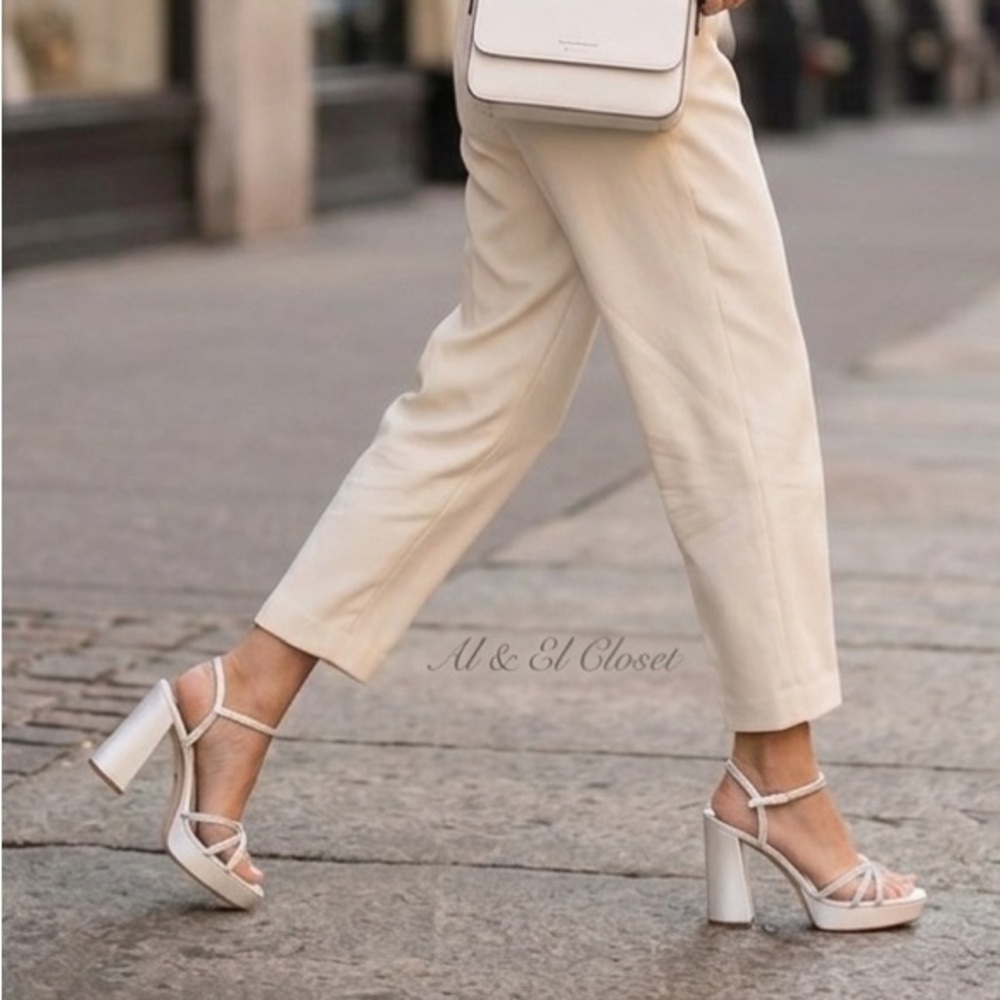 Badgley Mischka Frida Satin Rhinestone Block Heels White Size 8.5 NWT